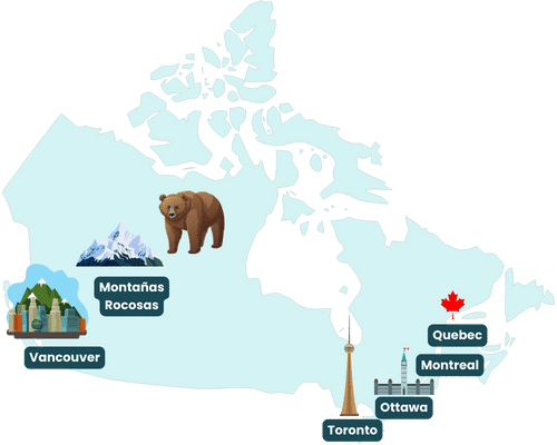 Ilustración de mapa turístico de Canadá.