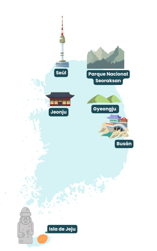 Ilustración de mapa turístico de Corea del Sur.