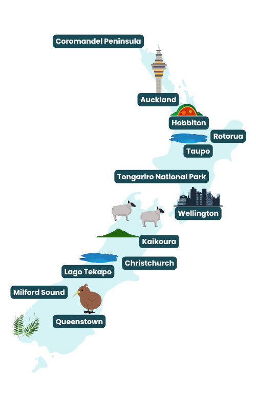 Ilustración de mapa turístico de Nueva Zelanda.