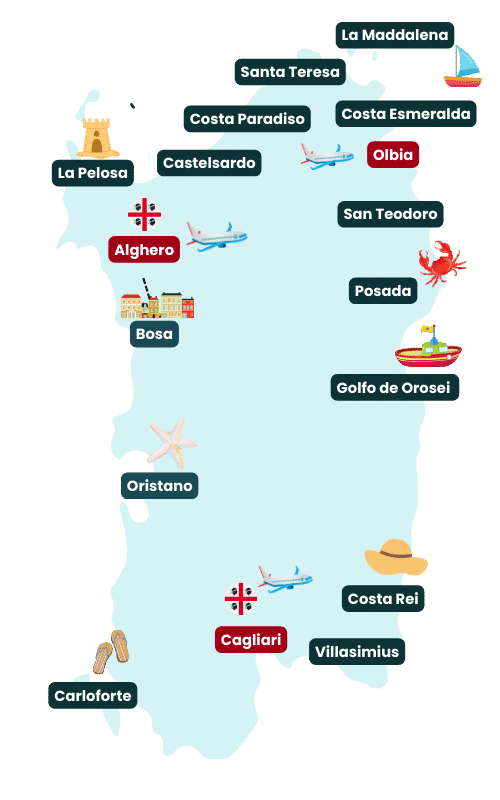 Ilustración de mapa turístico de Cerdeña.