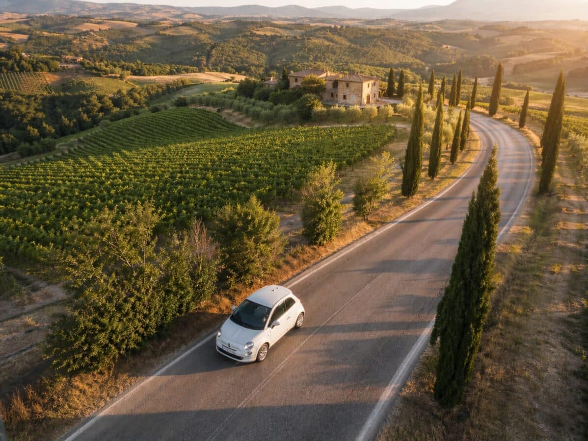 Coche circulando entre cipreses y viñedos de la Toscana
