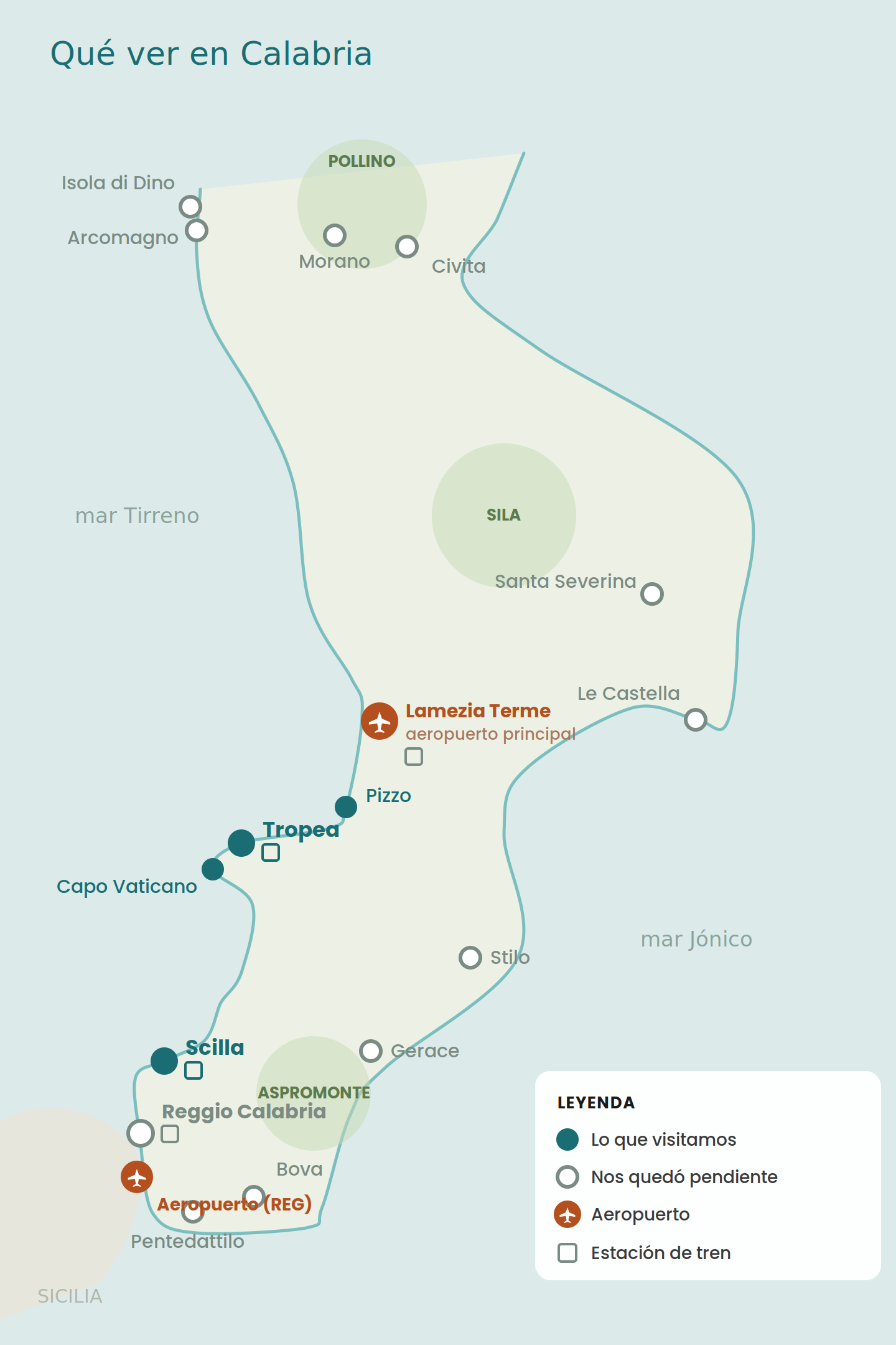 Mapa de Calabria con los lugares imprescindibles, los aeropuertos de Lamezia Terme y Reggio Calabria y las localidades con estación de tren
